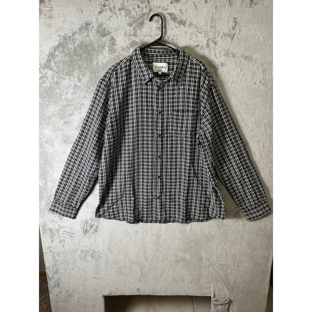 Corridor Reverse Tweed Snow Check Overshirt Blue Textured Plaid‎ GrandpaCore XXL